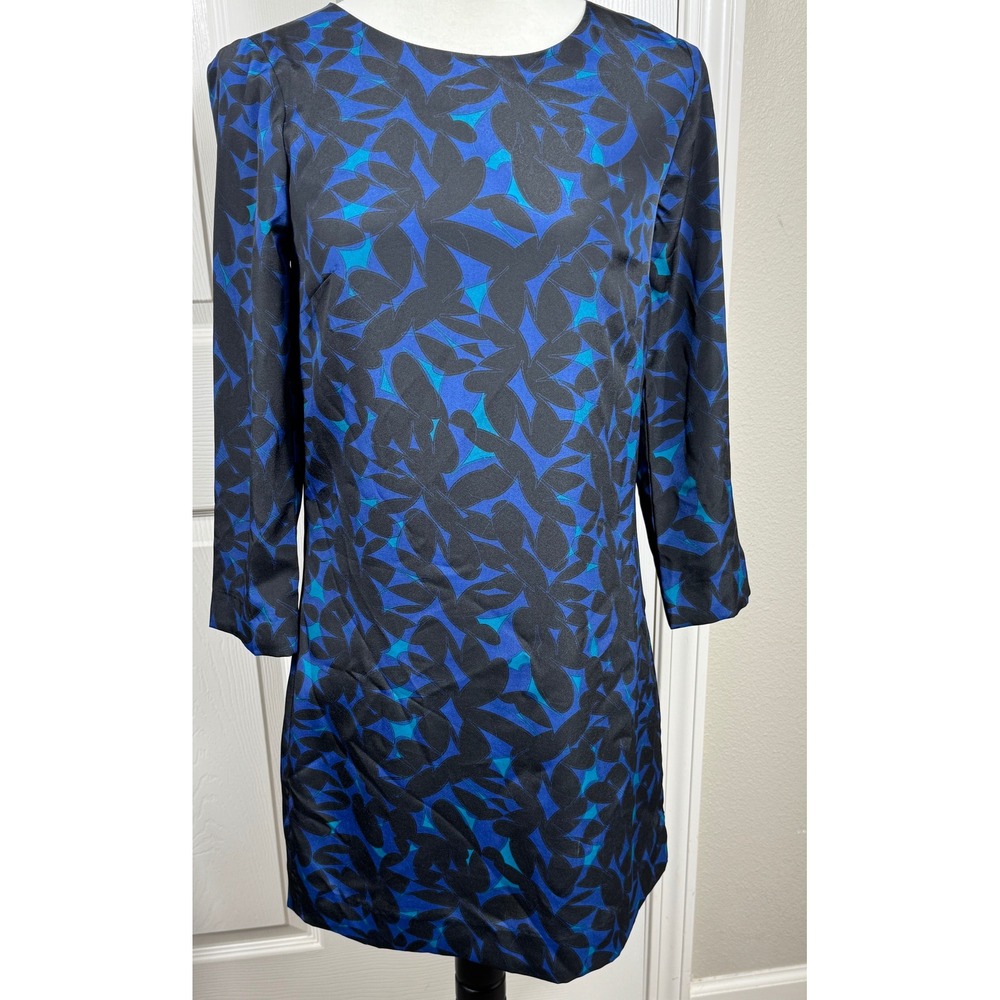 J Crew 3/4 Sleeve Printed Gallery Shift Dress Size 00 Blue Black Leaf Floral‎